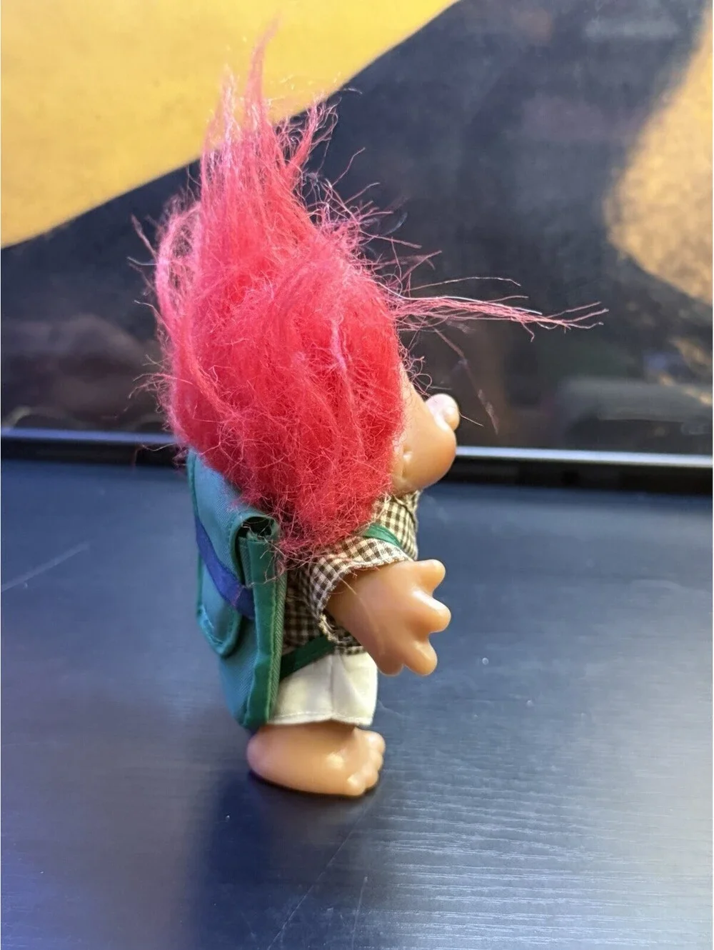 Vintage 1986 DAM Troll Doll Red Hair Hiker Plaid Shirt Green Backpack 5”
